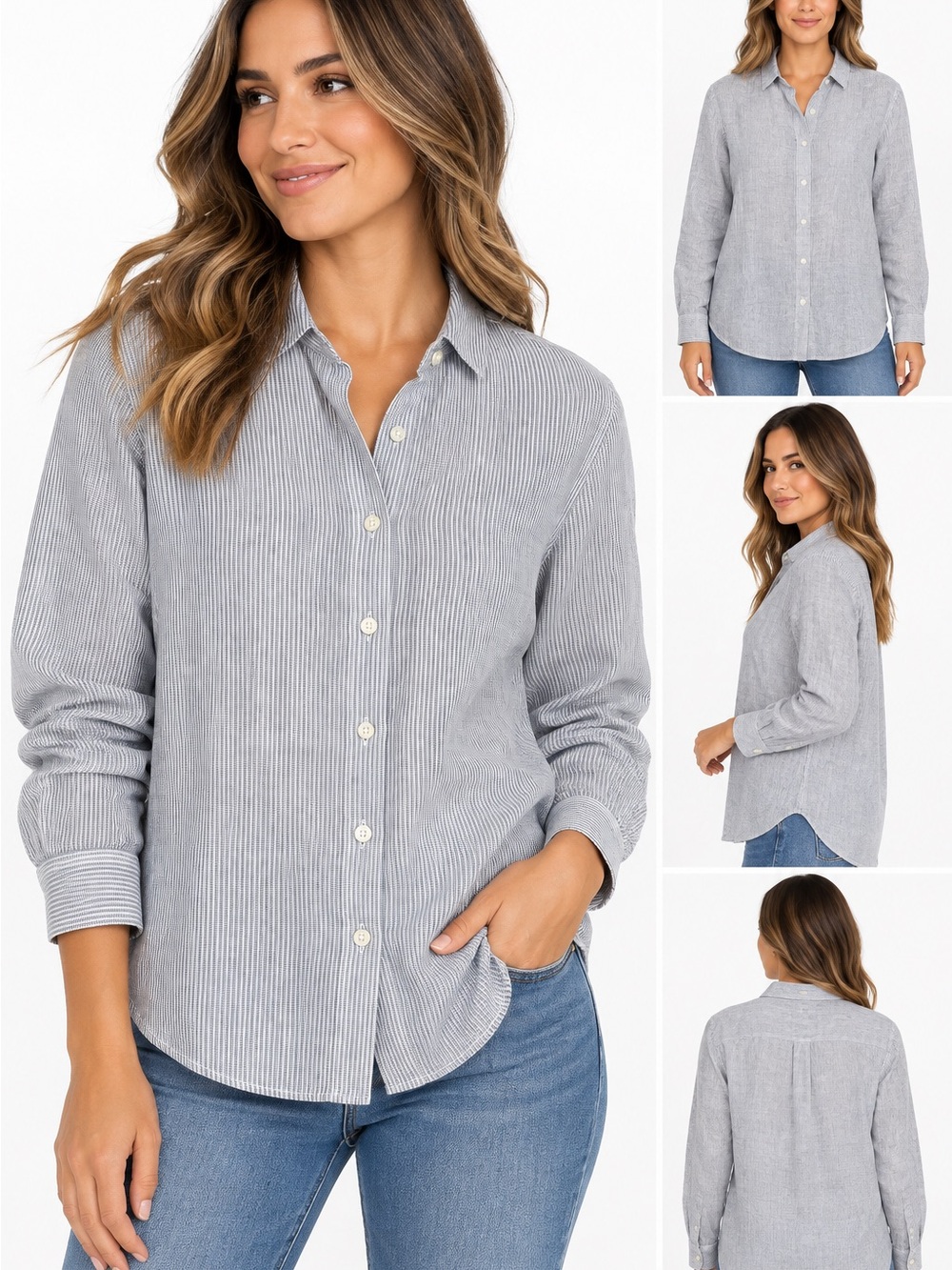 Quince Womens Navy and White Pinstripe Button-Down Shirt size XS